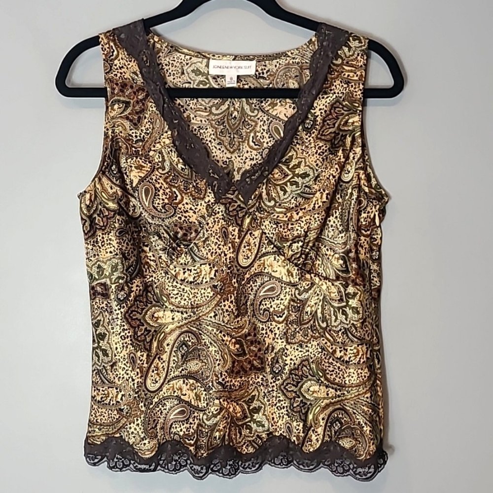 Jones New York Paisley Lace Trim Blouse - Brown and Gold